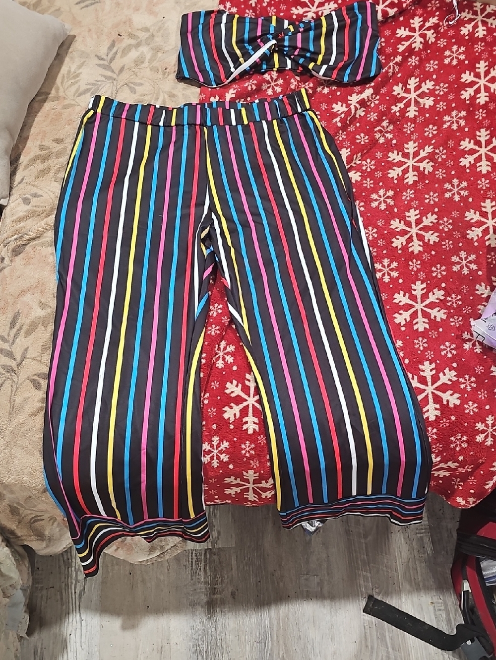 Queen Size Rainbow Stripe Wide-Leg Pants - Black Multi